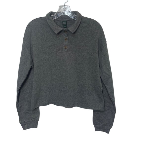 Wild Fable Cropped Polo Shirt Womens Medium Gray New Long Sleeve Collared - Picture 2 of 8